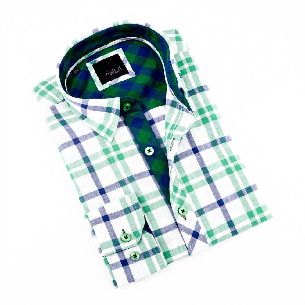 NEW EIGHT X men's plaid button-up shirt in green on white